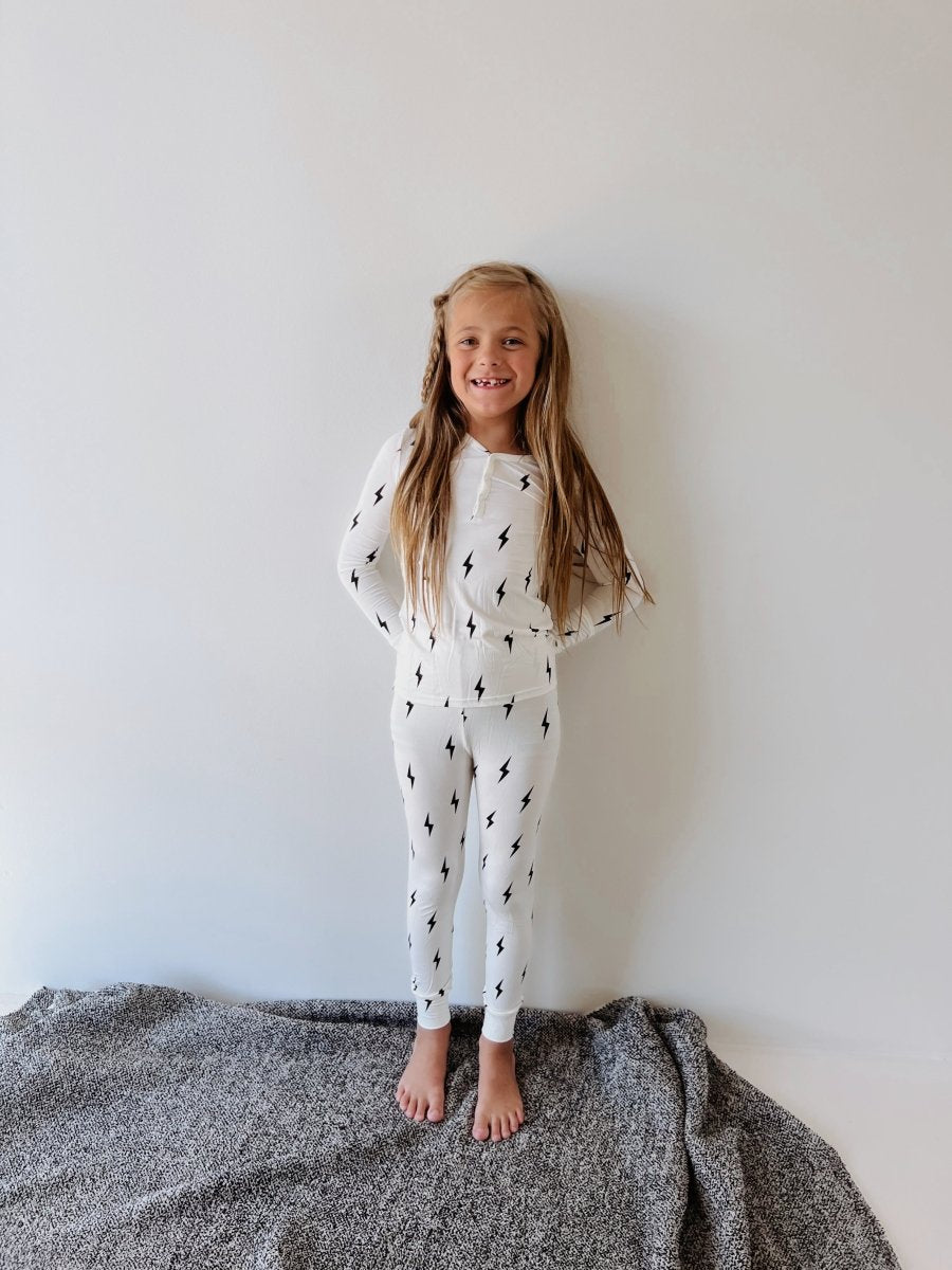 Bamboo Two Piece Pajamas - Black & White Lightning Bolt