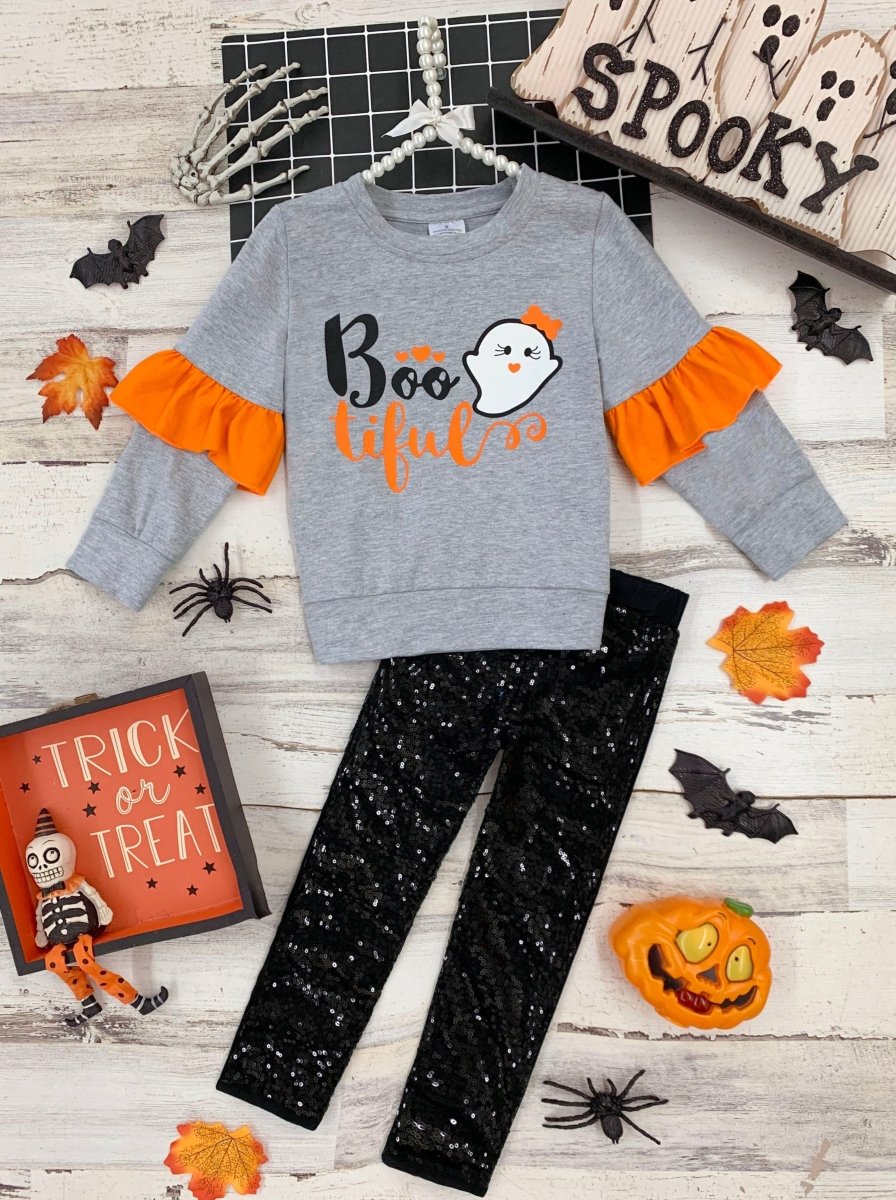 Boo-tiful Ruffle Sleeve Sweater and Sequin Legging Set