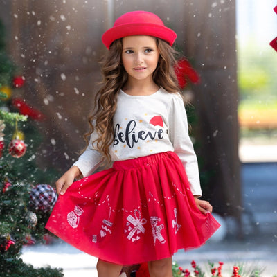 Ruffle Top and Christmas Print Skirt Set