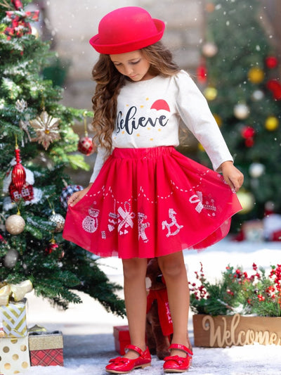 Celebrate Magic Ruffle Top and Christmas Print Skirt Set