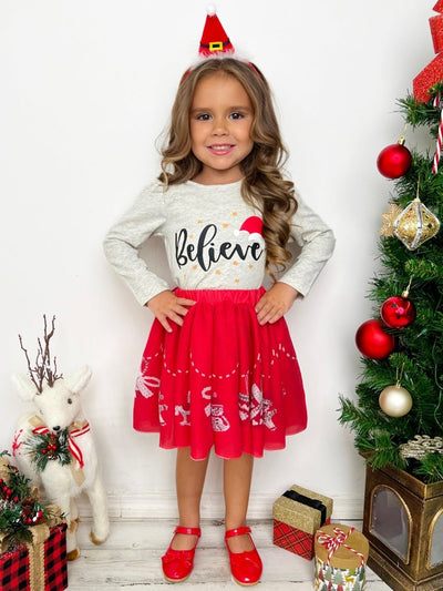 Celebrate Magic Ruffle Top and Christmas Print Skirt Set