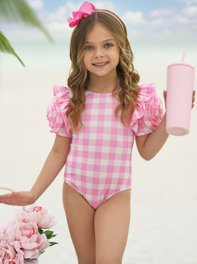 Girly Gingham Rose Shoulder One Piece Swimsuit