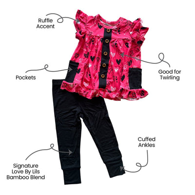 Heart Doodles Pink Bamboo Short Sleeve Peplum + Legging Set