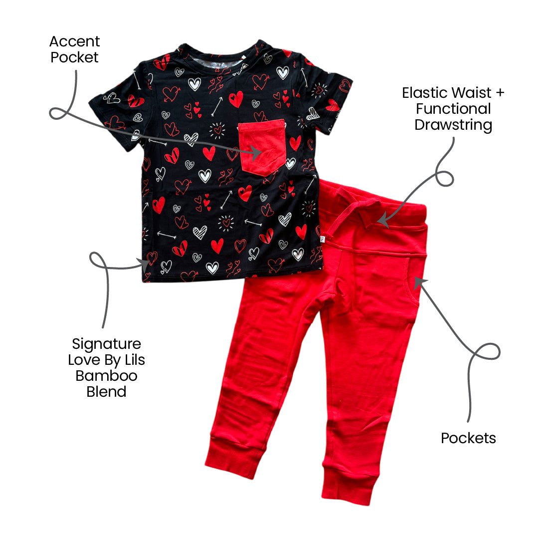 Heart Doodles Red Bamboo Pocket Tee + Jogger Set