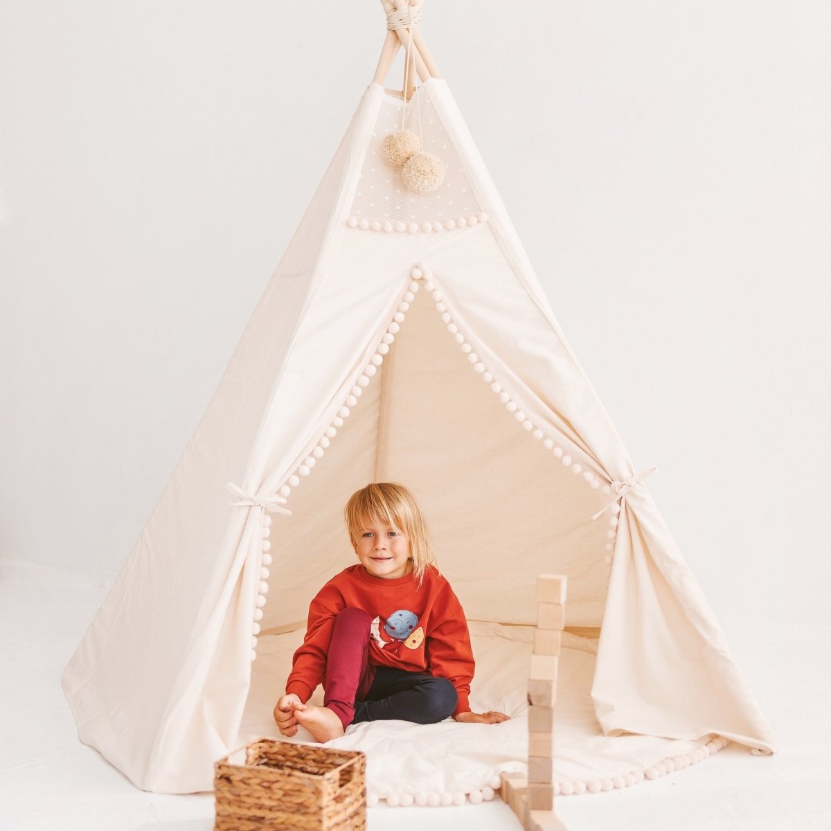 MINICAMP Extra Large Kids Teepee Tent With Pom Pom Decor