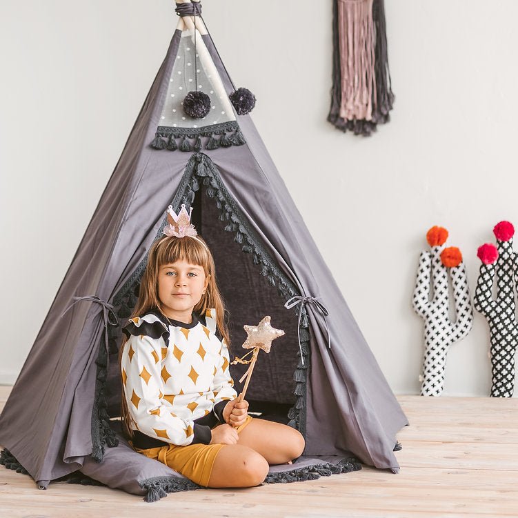 MINICAMP Grey Teepee for Kids With Tassel Decor