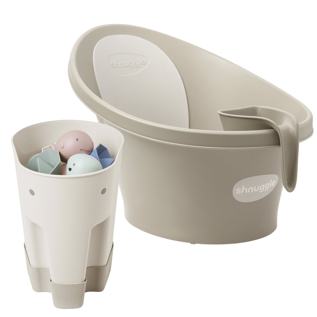 Newborn Baby Bath with Support, Rinse Jug, and Ellie Bath Toy Scoop - Taupe