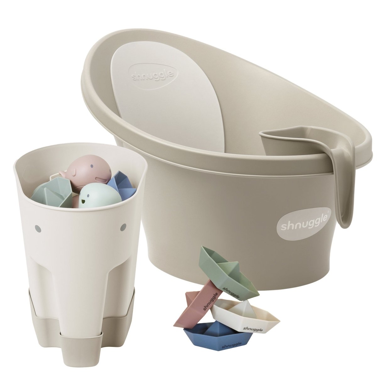 Newborn Baby Bath with Support, Rinse Jug, Toy Boats & Ellie Bath Toy Scoop - Taupe